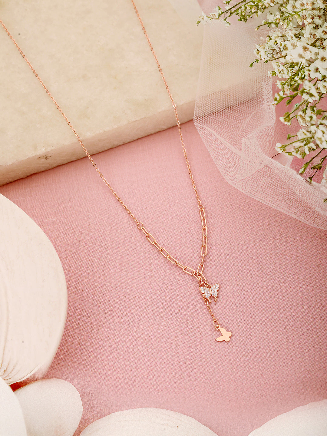 925 Sterling Silver CZ Studded  Rose Gold Plated Butterfly Tassle Minimal Necklace & Chain